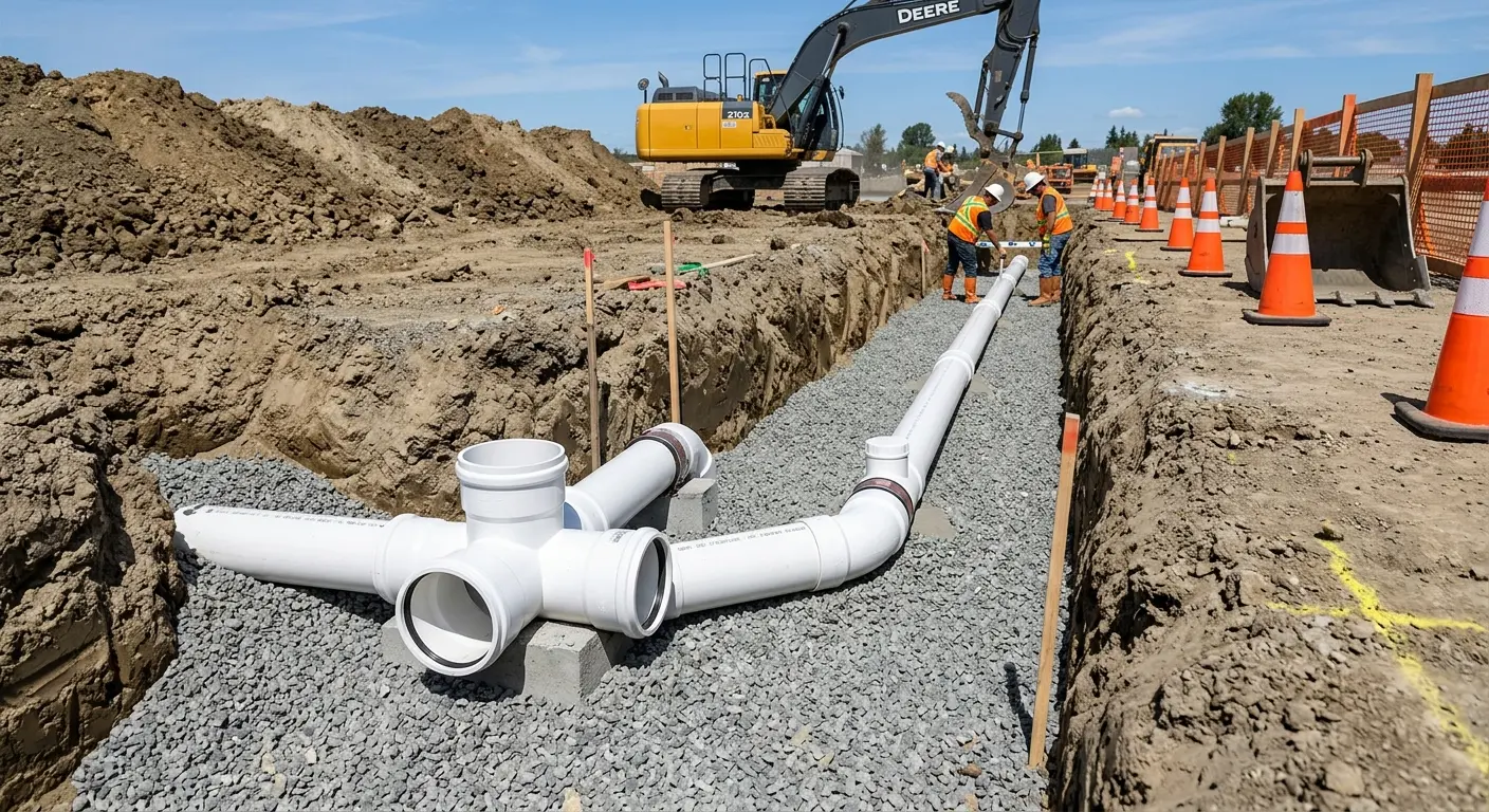 New PVC sewer pipe installation in open trench for Sewer Backup in Shepherdsville