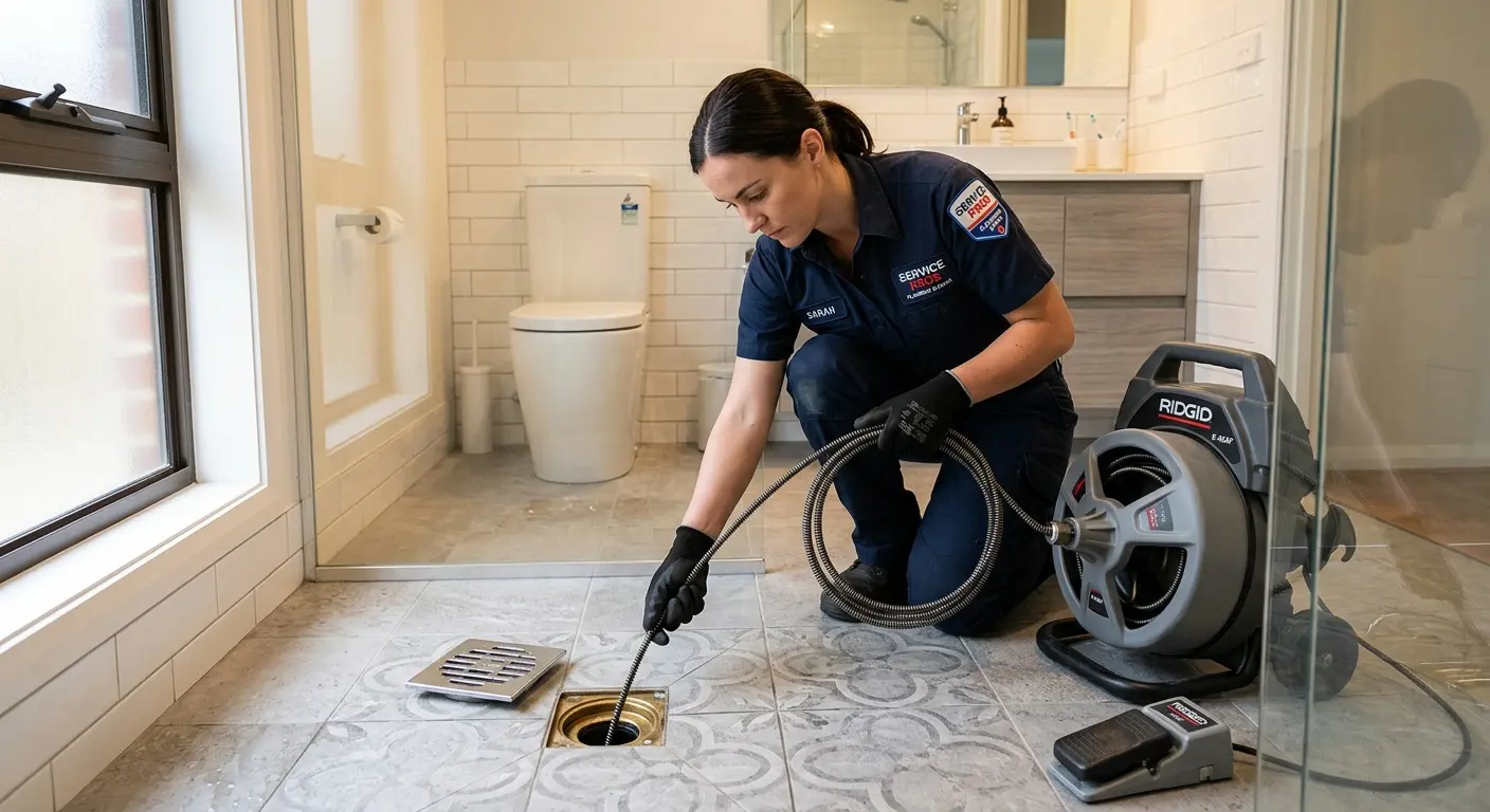 Technician clearing a bathroom floor drain for Sewer Line Replacement in Shepherdsville